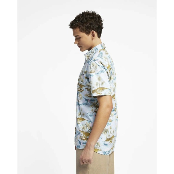 Hurley Men's Outrigger Smiley Hawaiian Short Sleeve Button Up Shirt - Topaz Mist - Picture 3 of 4